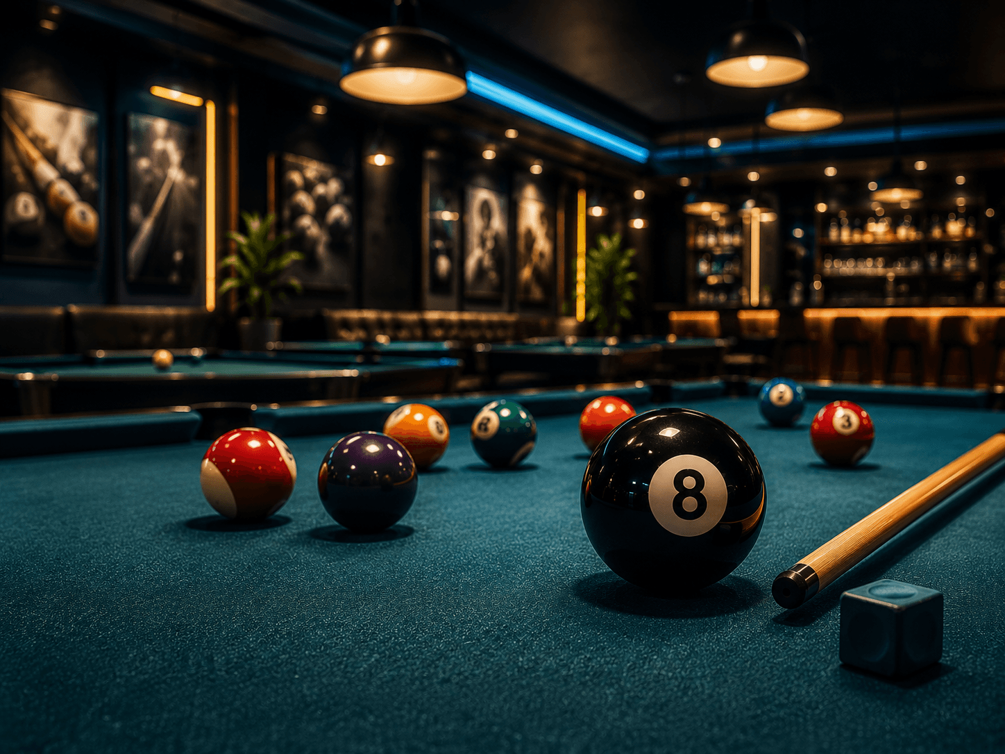 Eight ball and cue on a Cue Point table