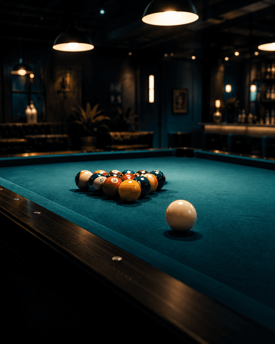 9ft match table racked under low light at Cue Point